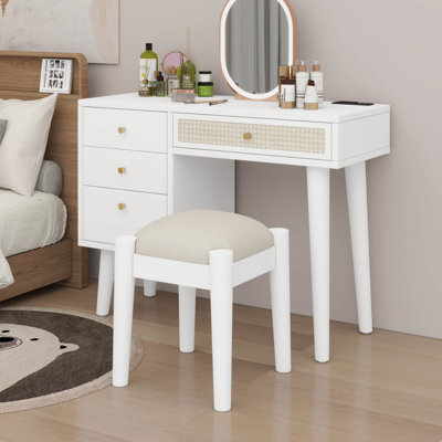 Ensemble coiffeuse en bois de style rétro avec prise de recharge, ports USB et tabouret rembourré