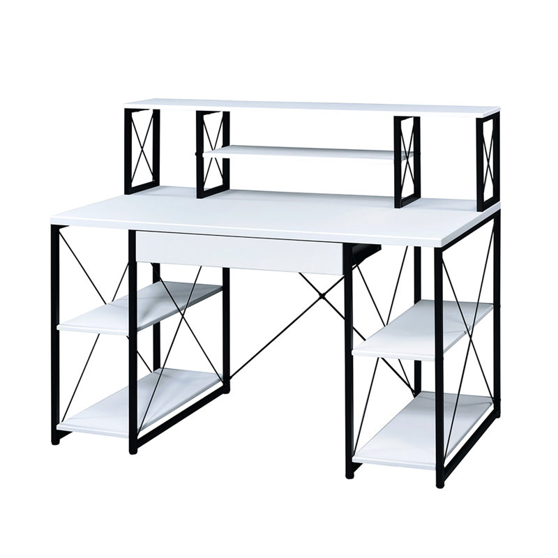 Bureau de travail au fini blanc élégant avec construction robuste et style fonctionnel avec tablettes fixes