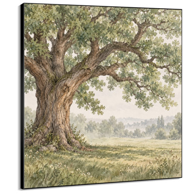 Très grand reproduction d'art sur tissu mural - Grand chêne majestueux dans un pré paisible pour le salon ou la chambre à coucher - «Assemblage requis du cadre (cadre non fini)»