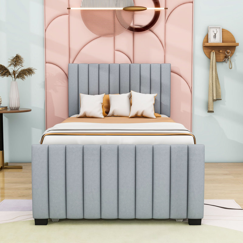 Lit plateforme simple tapissier avec tête de lit et lit gigogne Knotts, Gris