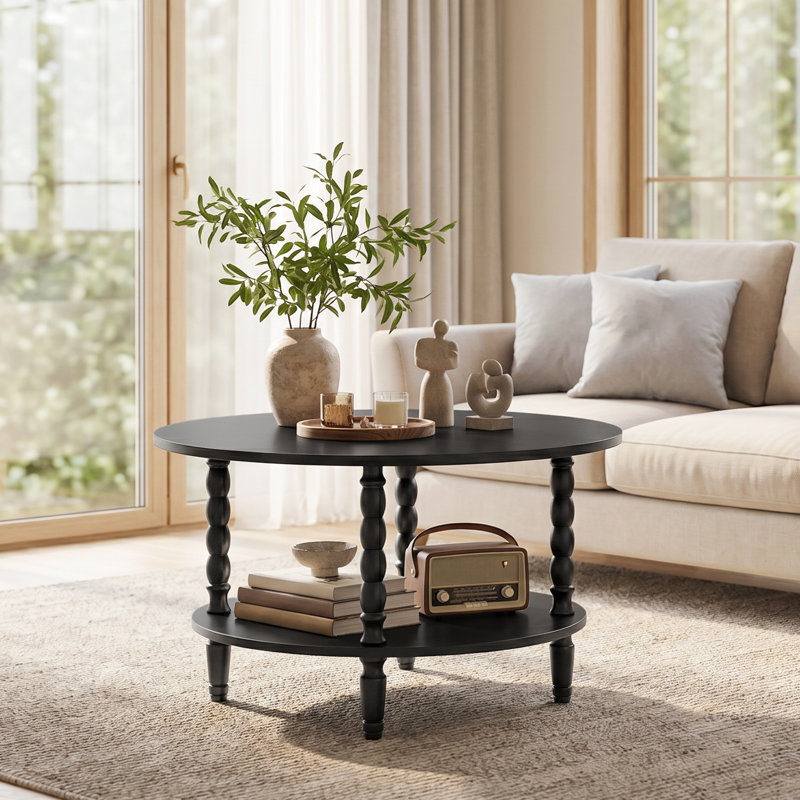 Table basse avec rangement Frame, table basse ronde avec tablettes de rangement à 2 niveaux, Black