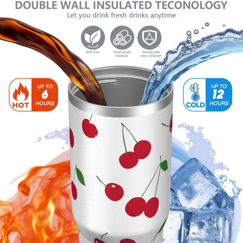 Gobelet 30 oz avec couvercle et poignée Gobelets isothermes en acier inoxydable Bouteille d'eau mignonne avec bascule (cerise)