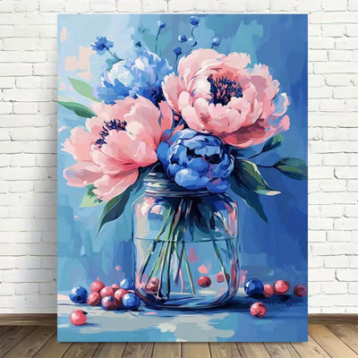 36*24，1pc Vintage Modern Floral Canvas Wall Art - Wooden Framed Mason Jar Painting with Blueberries & Pink Peonies, High-Quality Printed Poster for Living Room.