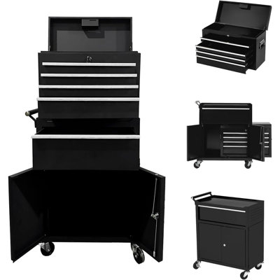 Coffre à outils roulant - 5 tiroirs, armoire de rangement pour outils en métal de 20 po avec roues, système de verrouillage, verrouillage automatique, plateau amovible et doublures de tiroir, organisateur de garage portable, atelier - noir