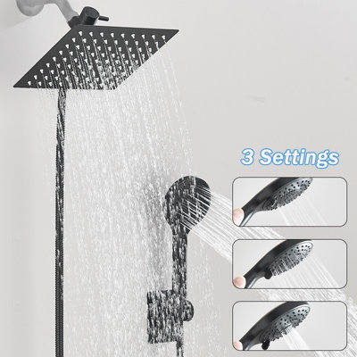 Ensemble de douche à effet pluie Mosson de 20 cm (8 po) noir mat avec douchette à main à 3 fonctions et inverseur à 3 voies en alliage de zinc