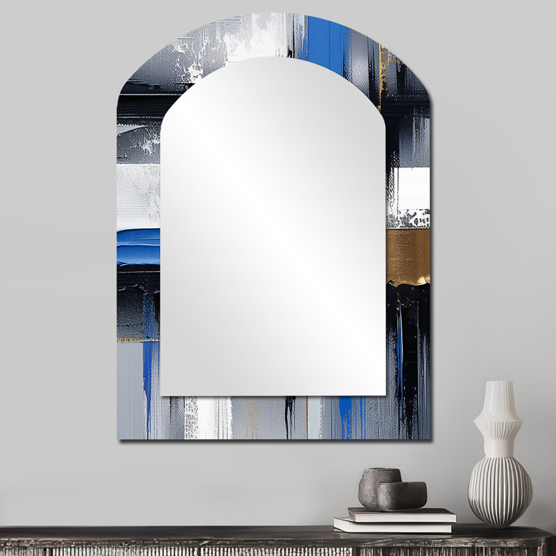 Gold and blue paint elegance II - Abstract Collages Arch Mirror, Black Asymmetrical Unique Wall Mirror, Printed Metal Art