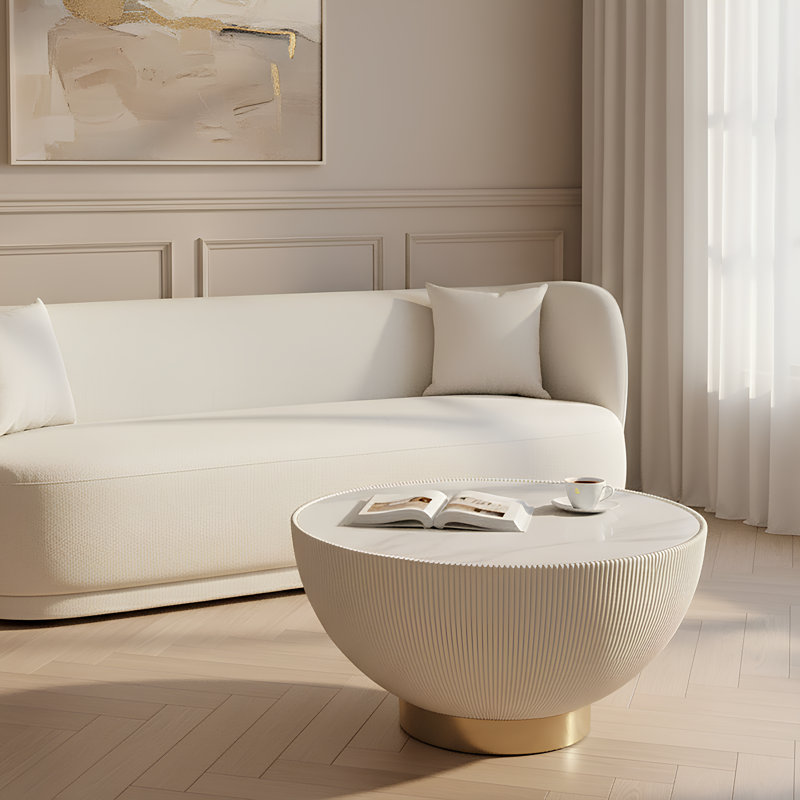 Anderson 28" Modern Vegan Leather Upholstered Stainless Steel Coffee Table with Sintered Stone Top in Cream, Cream