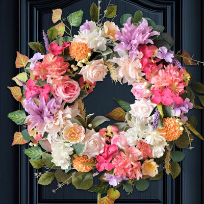 Pink Front Door Wreath | Artificial Rose Spring Summer Wreath For Indoor Outdoor Home, Hallway & Wedding Decor