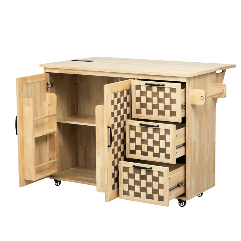 Îlot de cuisine rétro avec surface en damier, 3 tiroirs, 2 armoires, porte-serviettes, 1 port en C, naturel, conception sur roulettes, abattant, rangement spacieux, portes, prise de courant, couleur naturelle