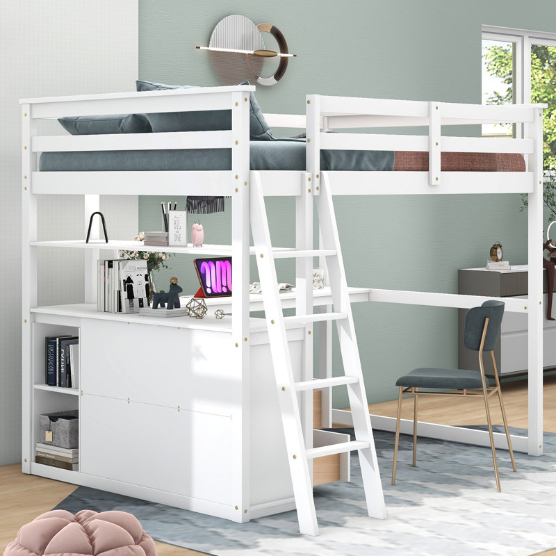 Lit mezzanine avec bureau, tablettes et deux grands tiroirs - Tablettes de bureau plateforme blanches, ajout de chambre inclus