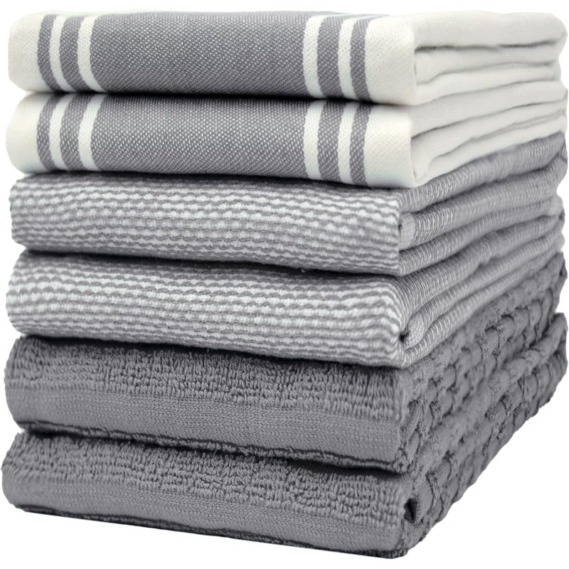 Premium Kitchen Towels (20”X 28”, 6 Pack) – Large Cotton Kitchen Hand Towels – Flat & Terry Towel – Highly Absorbent Tea Towels Set With Hanging Loop (Wide Stripe)