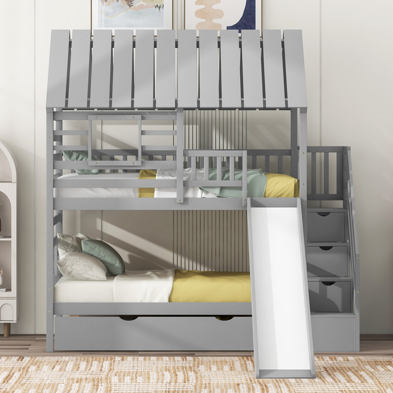 Twin Over Twin House Bunk Bed With Trundle And Slide, Storage Staircase, Roof And Window Design, Gray, Gray