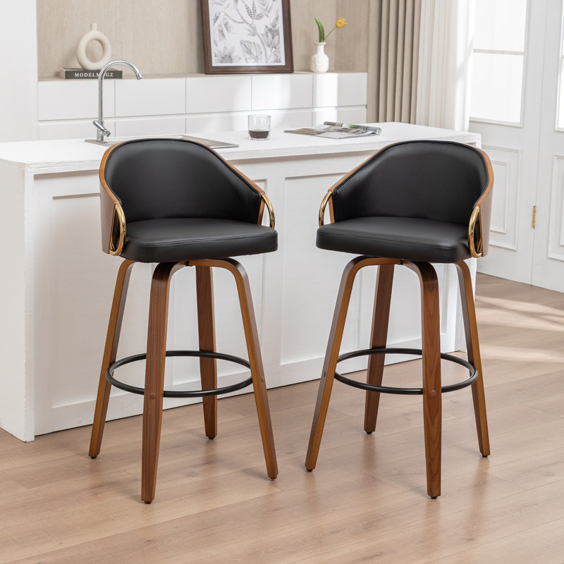 Mahtab Modern Stools With PU Upholstery And Wood Legs, Black, Bar Stool (30" Seat Height)