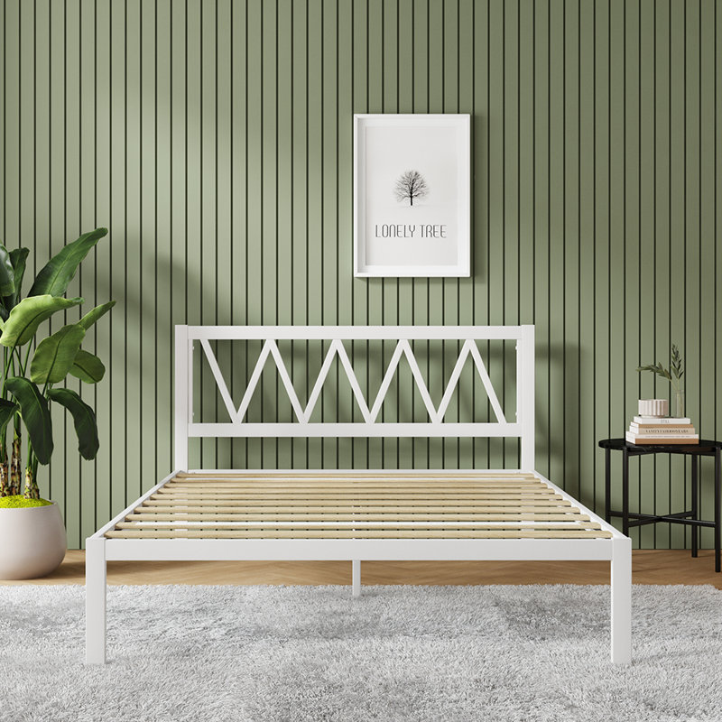 Base de lit plateforme 38 po en métal avec tête de lit, Blanc, Grand