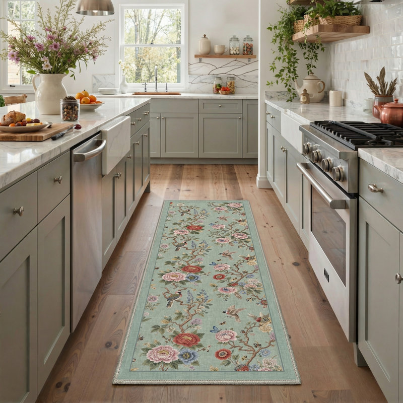 Orielle Oriental Machine Washable Green / Pink / Brown Indoor Area Rug with Non-Slip Backing, Runner 2'3" x 6'
