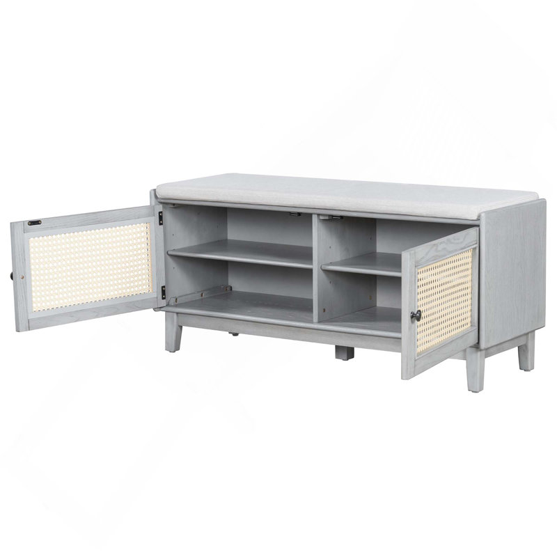 Banc d'entrée en rotin avec rangement Boho, Gris délavé