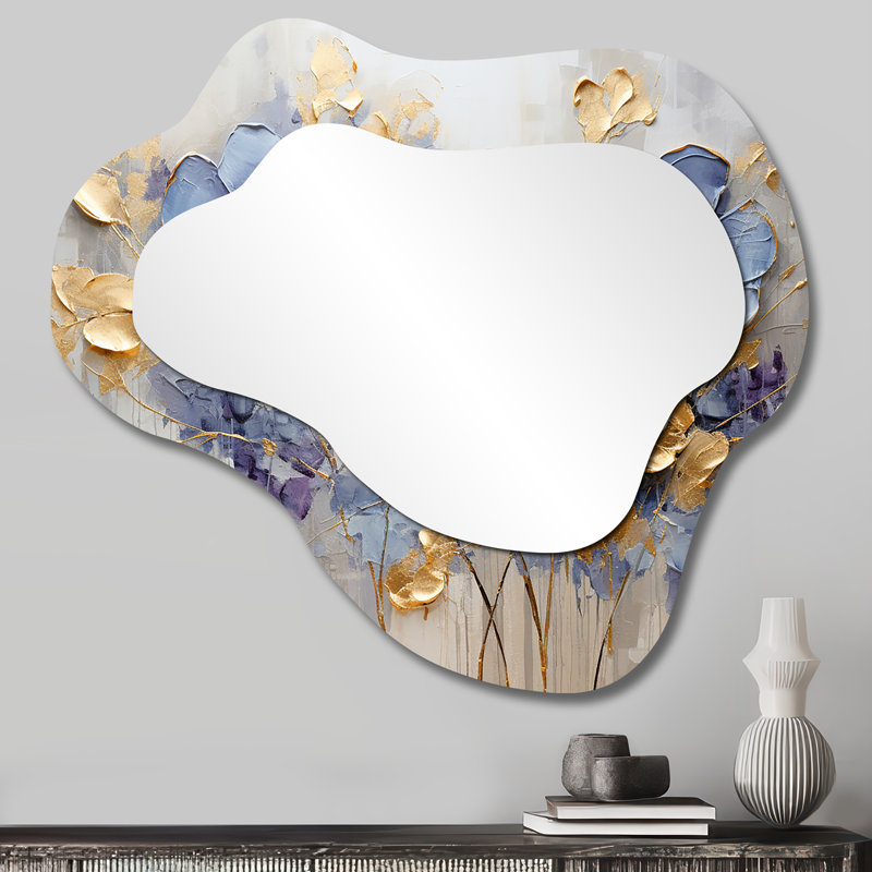 Bleu et or Exquis Violets I - Violets - Art décoratif en métal - Miroir mural traditionnel irrégulier, 25 po x 28 po