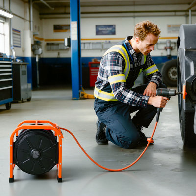 Enrouleur de tuyau d'air rétractable, tuyau d'air en PVC 3/8 po x 100 pi, pression maximale de 300 PSI, enrouleur automatique pour tuyau de compresseur d'air avec entrée de 5 pi, enrouleur portable autoportant en acier robuste pour garages et ateliers.