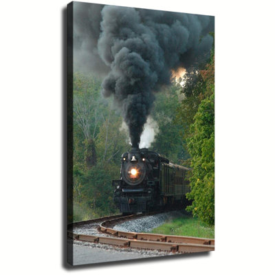 Tableau encadré sur toile, prêt à accrocher, représentant une locomotive à vapeur sur le thème du chemin de fer et des voyages en train. Décoration murale idéale pour le salon, la chambre à coucher ou toute autre pièce.