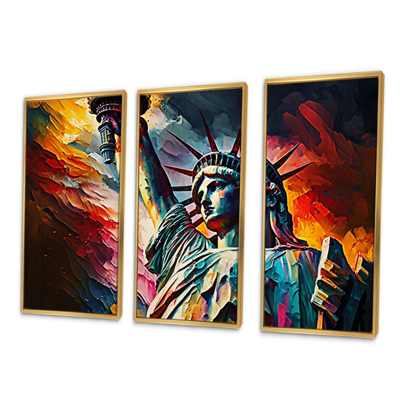 New York Views At Sunset II, reproduction sur toile 3 pièces, Cadre flottant doré, H 32 po x l 48 po x P 1 po