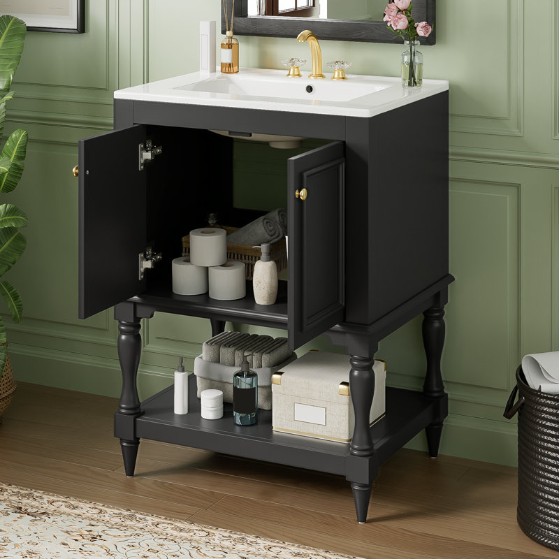 Meuble-lavabo moderne 24 po avec lavabo en céramique, Noir