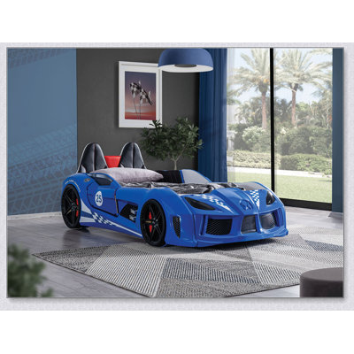Modern Novelty Style Bed Race Car Design Attached Two Magnetic Doors With LED Lights On Wheels And Bottom Upholstery HB
