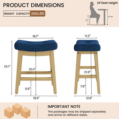 Backless 24 Inch Counter Height Bar Stools, Upholstered Saddle Stools with Solid Wood Legs