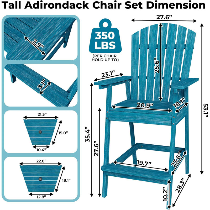 Set of 2 Outdoor Adirondack Barstools with Connecting Tray, Tall Adirondack Chairs Bar Chairs for Deck, Balcony, Backyard, Patio Bar Stool Chair with High Back