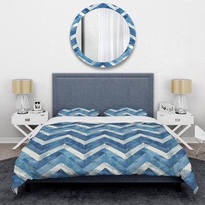 Blue Silver Chevron Print V - Modern Duvet Cover Set