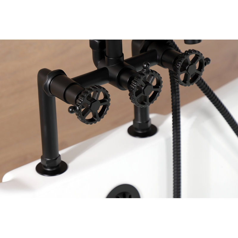 Kingston Brass Fuller Three-Handle 2-Hole Deck Mount Clawfoot Tub Faucet with Hand Shower, Matte Black