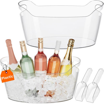 Seau à glace pour fêtes 2 pièces dans 1 paquet Seau à boissons portatif pour bar à cocktail Glacière à champagne en plastique pour boissons Vin Bière Mimosa Bar Fournitures Bac de refroidissement avec cuillère
