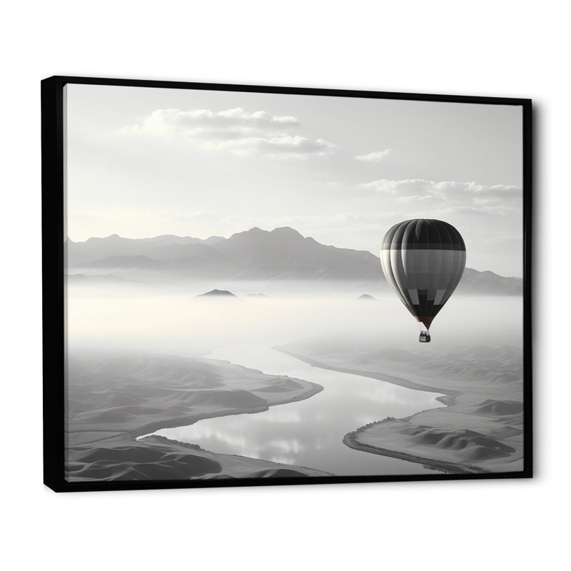 Montgolfière grise sur fond monochrome, Cadre flottant noir, H 24 po x l 32 po x P 1 po