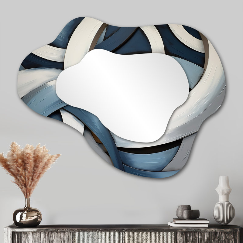 Blue And White Whirling Rings I - Shapes Asymmetrical Large Mirror, Modern Cloud Decorative Wall Mirror, Printed Metal Art
