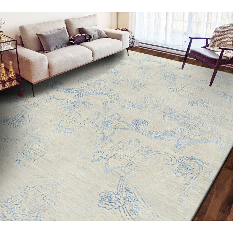 Tapis argent et bleu noué à la main de haute qualité