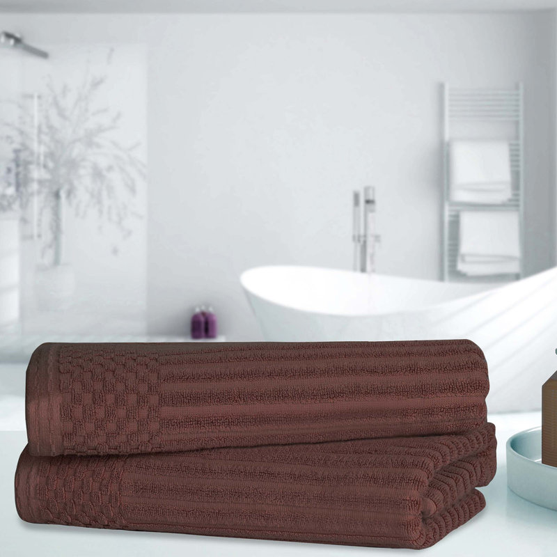 Yaholo Cotton Highly Absorbent Solid and Checkered Border Bath Towels, Java