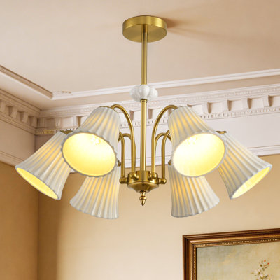 Lustre 6 lumières à abat-jour linéaire en céramique de style Mid-Century avec finition laiton pour îlot de cuisine, 25,6 po