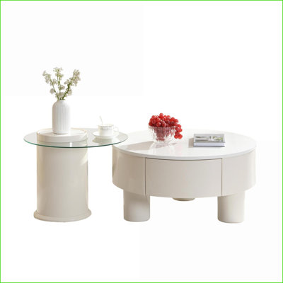Elegant Nesting Coffee Table Set 2-in-1 Oval &amp; Round MDF Top with Anti-Slip Pads, Easy Assembly