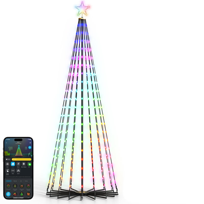 Éclairage d'arbre de Noël à cône de 7,5 pi avec application et commande vocale, 370 lumières à DEL RVBIC à changement de couleur, IP67 imperméable, synchro de musique pour décoration de Noël