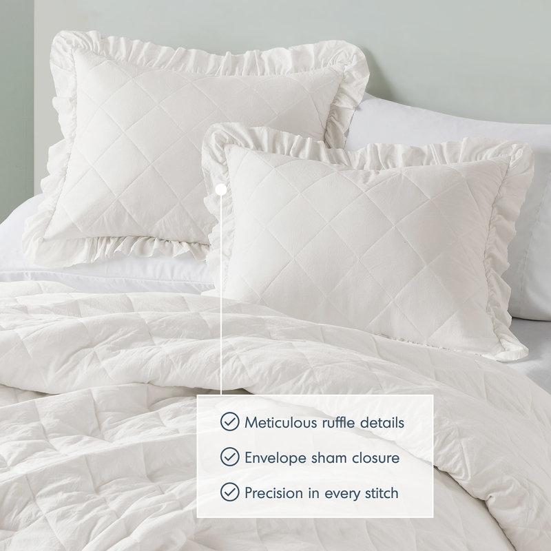 Phoebe Ivory Diamond Quilted Ruffle Edge 2-Piece Twin/Twin XL Comforter Set, Twin / Twin XL Comforter +1 Standard Sham, Ivory