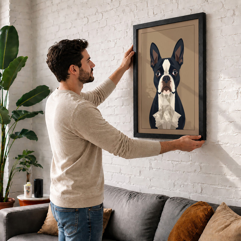 Boston Terrier Geometric - Framed Print, A4 - 29.7 x 21.0 cm, White