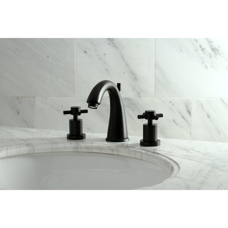Kingston Brass Concord Two-Handle 3-Hole Deck Mount Widespread Bathroom Faucet with Brass Pop-Up Drain, Matte Black