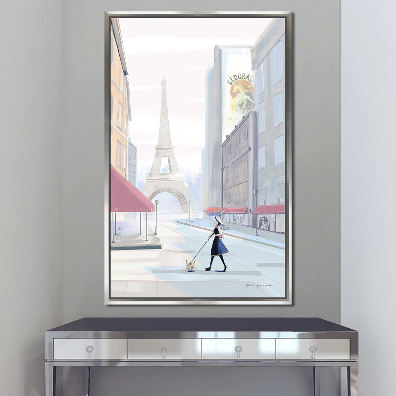 " Paris Morning Walk (Vertical) " by Omar Escalante, Silver Floater Frame, 63.5" H x 39.5" W x 2" D