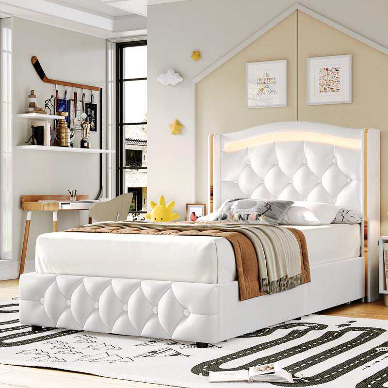 Areyon Upholstered Wingback Storage Bed, White, Twin