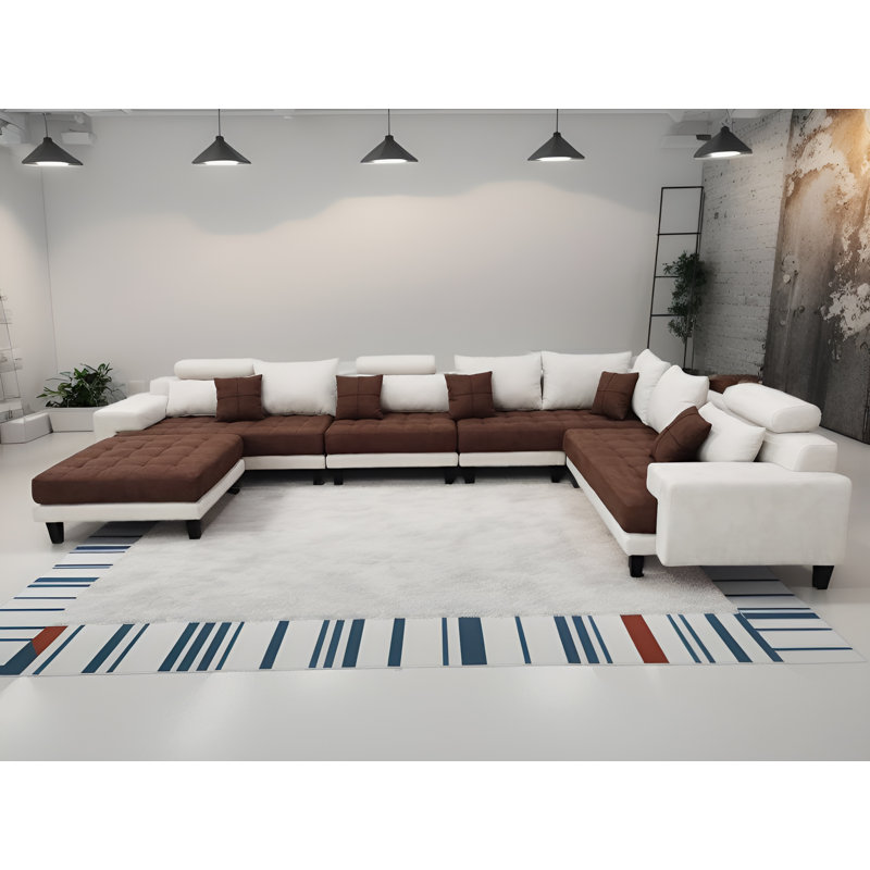 Mandey Upholstered Sectional Reversible, Cream/Brown Microfiber/Microsuede