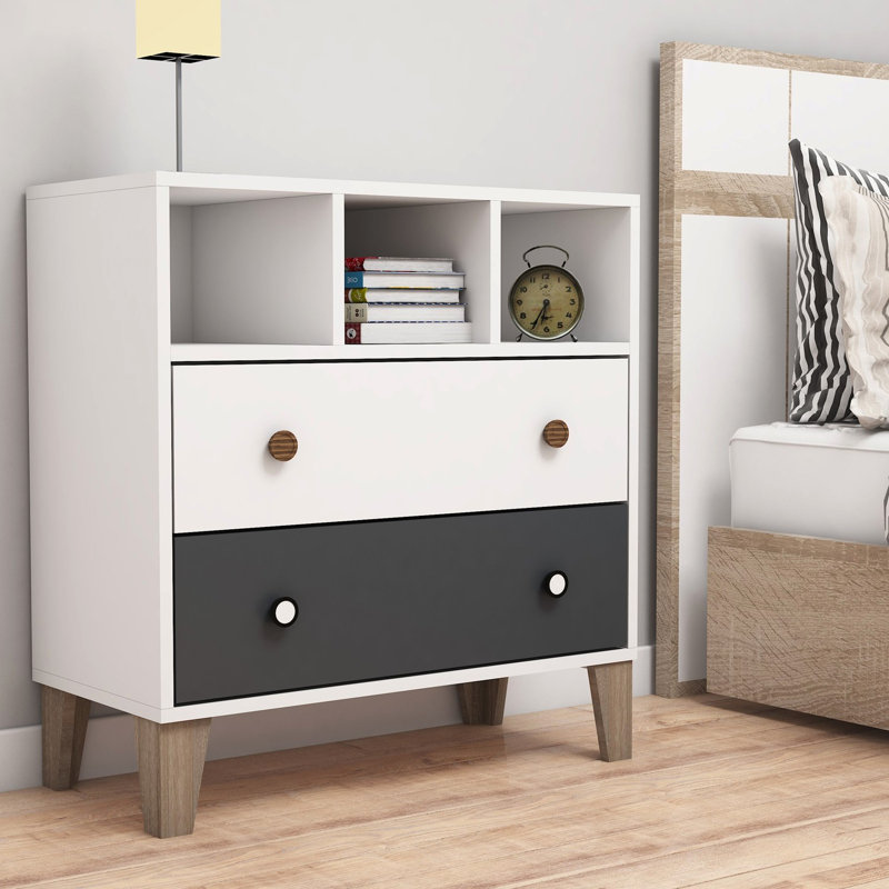 Commode 2 tiroirs Burrier, Blanc / gris anthracite