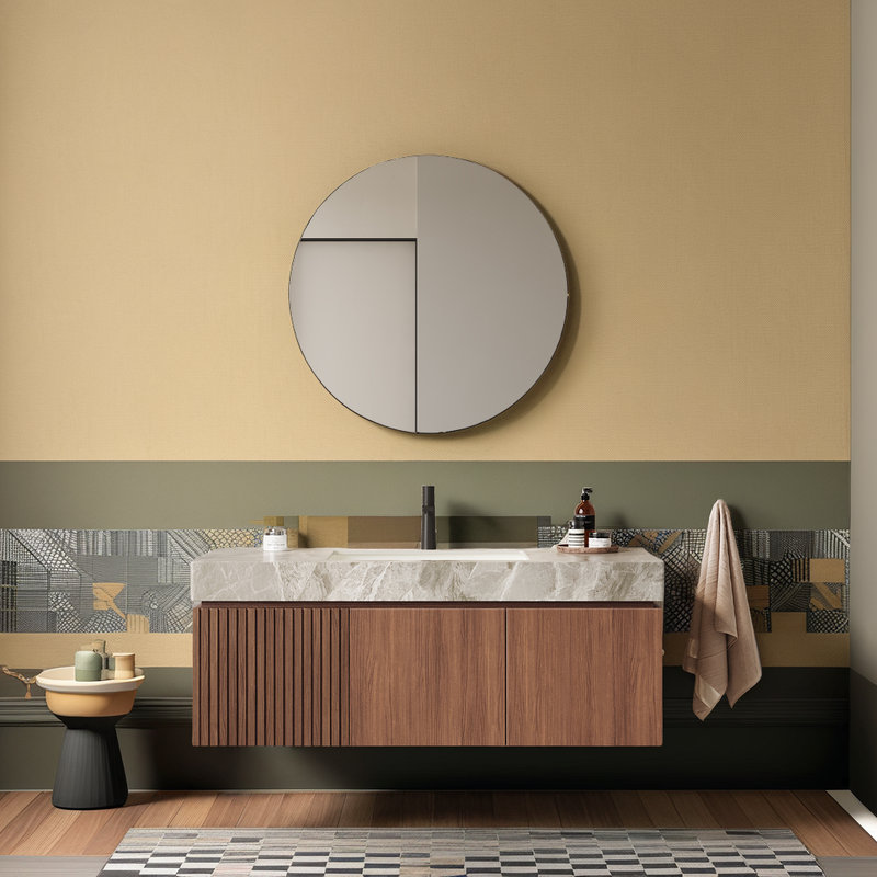Meuble-lavabo de salle de bain avec plateau en pierre frittée et lavabo en céramique, Brun