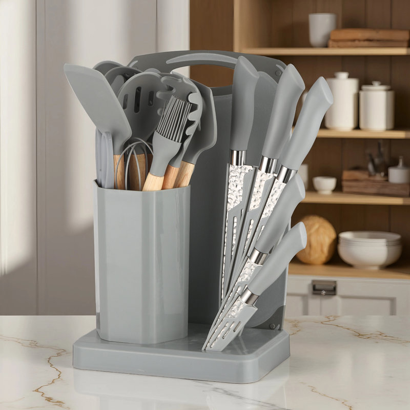 Ensemble de 15 couteaux et ustensiles de cuisine moderne avec panier de rangement rotatif à 360 ° - Comprend des couteaux en acier inoxydable, des outils en silicone et un taille-crayon