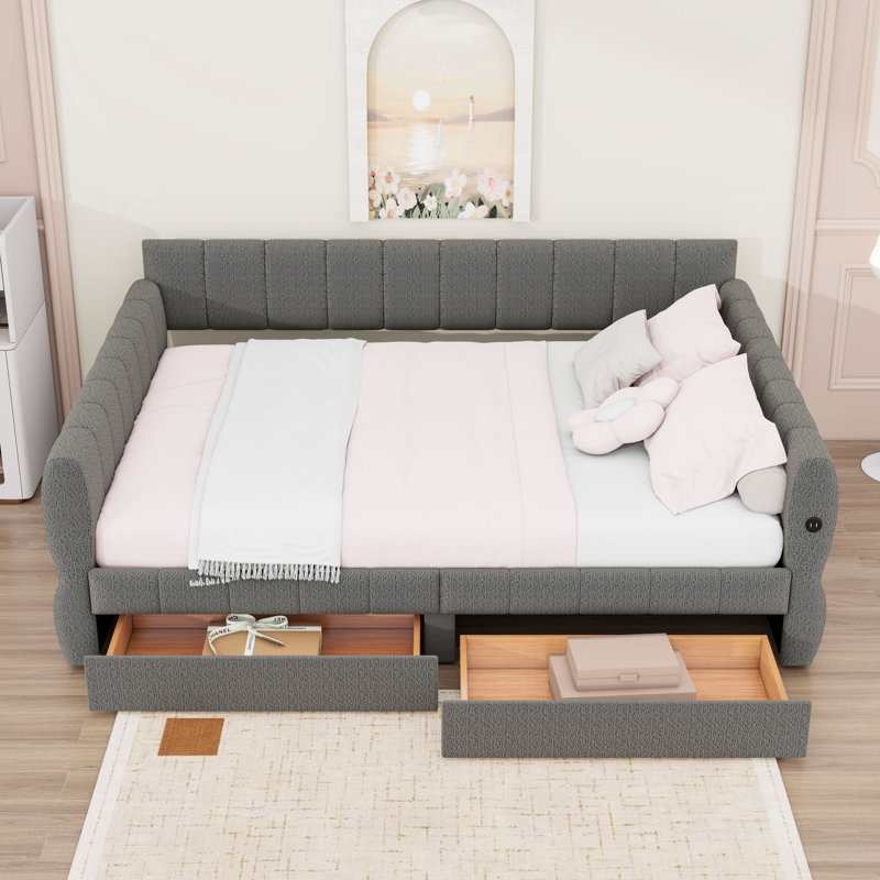 Queen Size Upholstered Daybed with Built-In USB Ports and Dual Storage Drawers, Gray