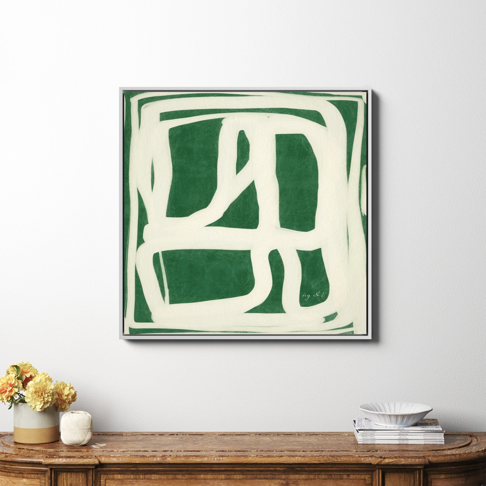 Green White Movement by Ivy&I, No, White Framed Canvas, 36" H x 36" W x 2" D