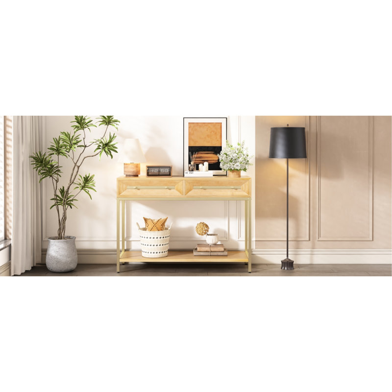 Console naturelle avec deux tiroirs spacieux, finition géométrique pour le vestibule et l'espace de vie, Naturel